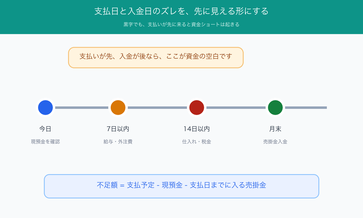 支払日と入金日のズレを示すタイムライン