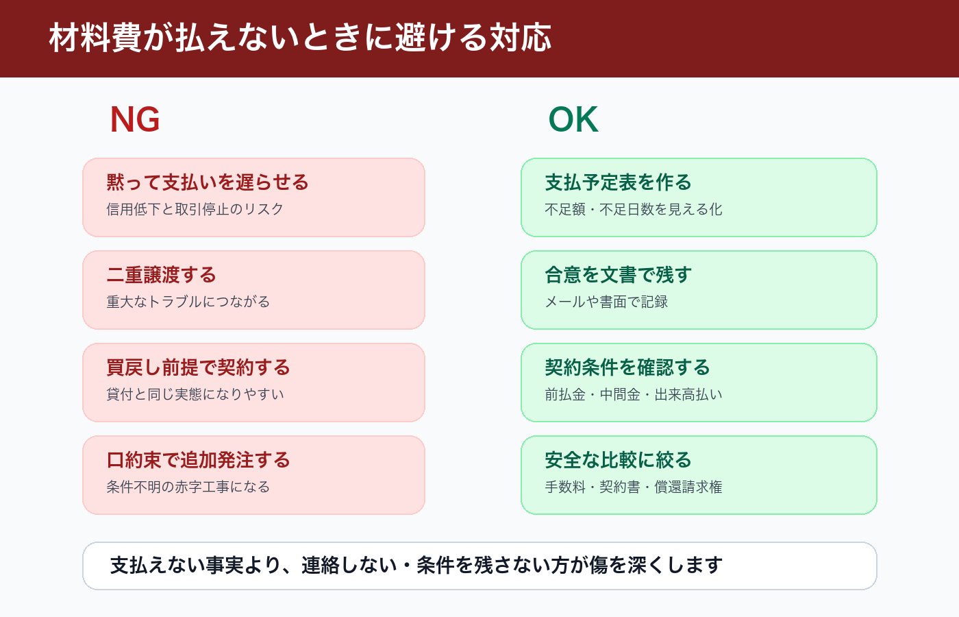 材料費が払えないときに避けるNG対応の図解