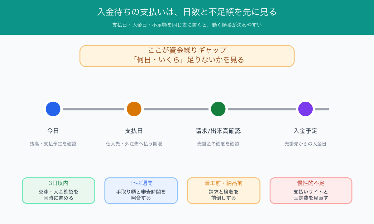 入金待ちの支払いで支払日・入金日・不足額を見るタイムライン図解