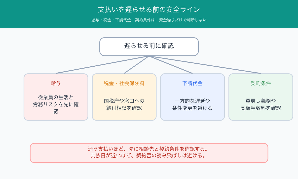 支払いを遅らせる前に給与・税金・下請代金・契約条件を確認する安全ライン図解