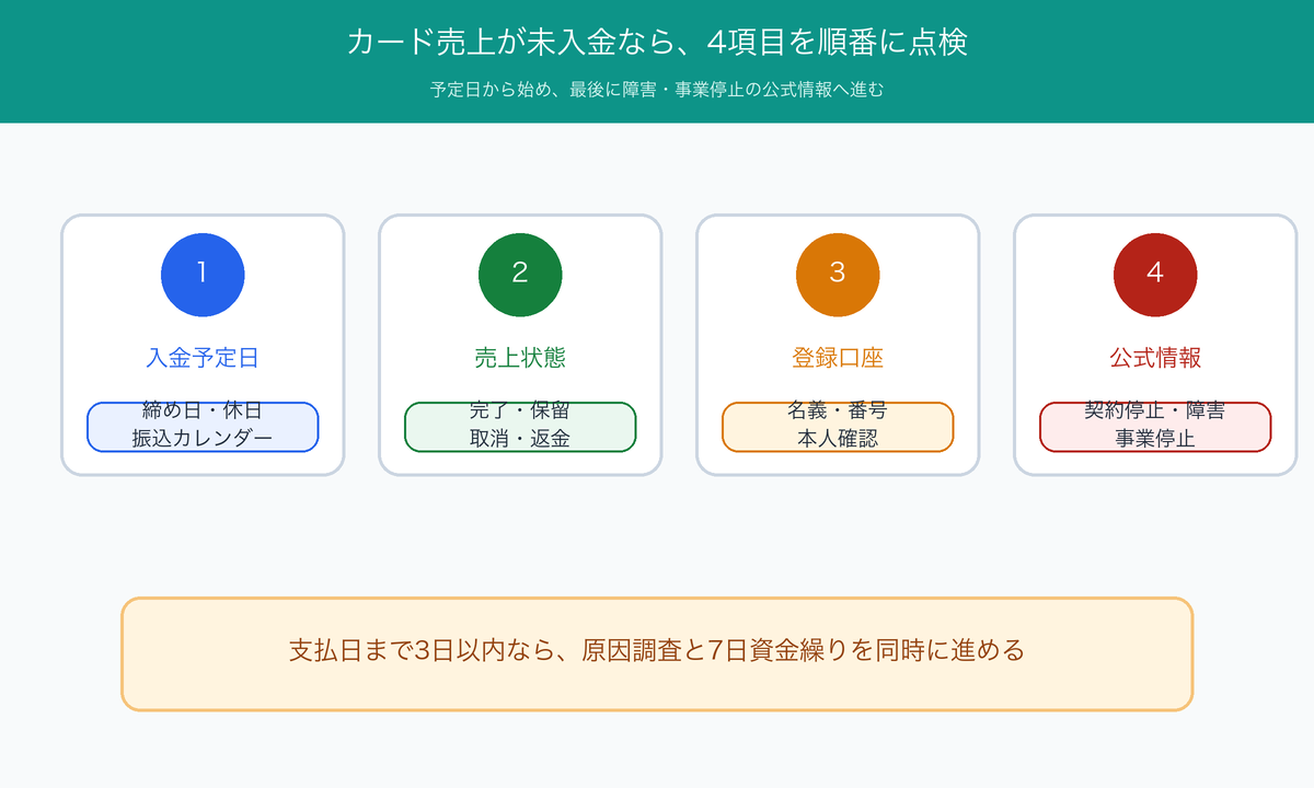 カード売上が未入金のときに入金予定日、売上状態、登録口座、公式情報を順に調べる図