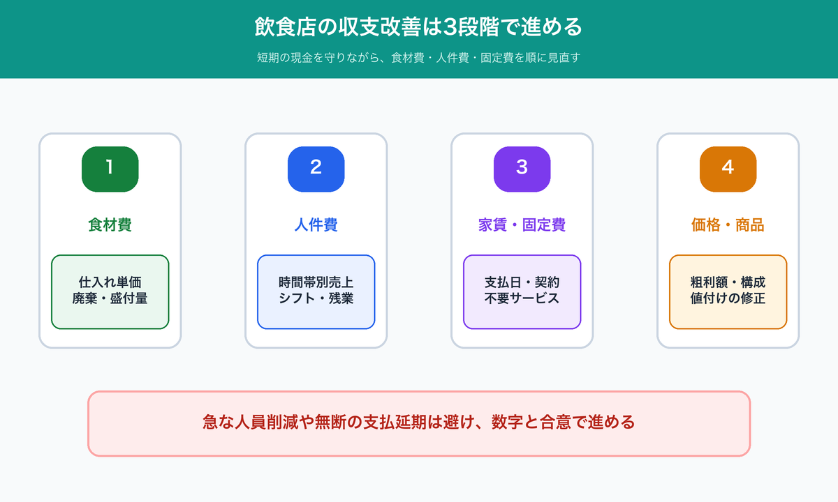 飲食店が食材費・人件費・固定費・価格と商品を順番に見直す収支改善の図