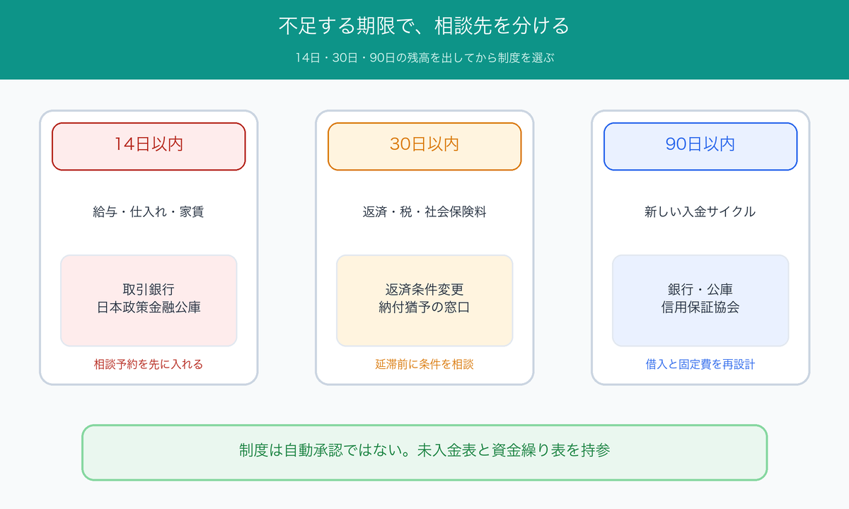 14日、30日、90日の資金不足の期限に応じて銀行、日本公庫、保証協会などへ相談する図